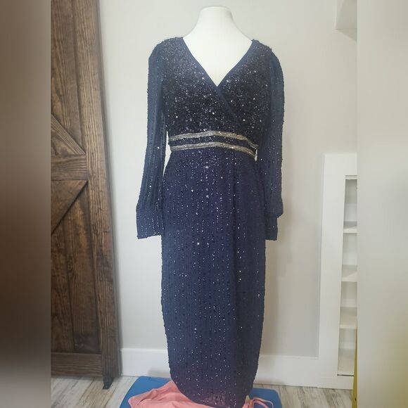 Mac Duggal SEQUINED V NECK BISHOP SLEEVE DRESS NWT size 18 blue (93593) - Picture 4 of 6